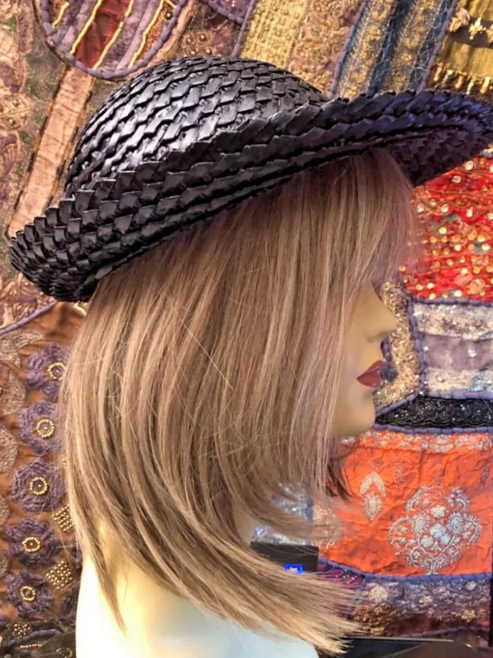 Vtg 50/60s Miss Ruth New York Navy Straw Wide Brim Kentucky Derby Garden Party